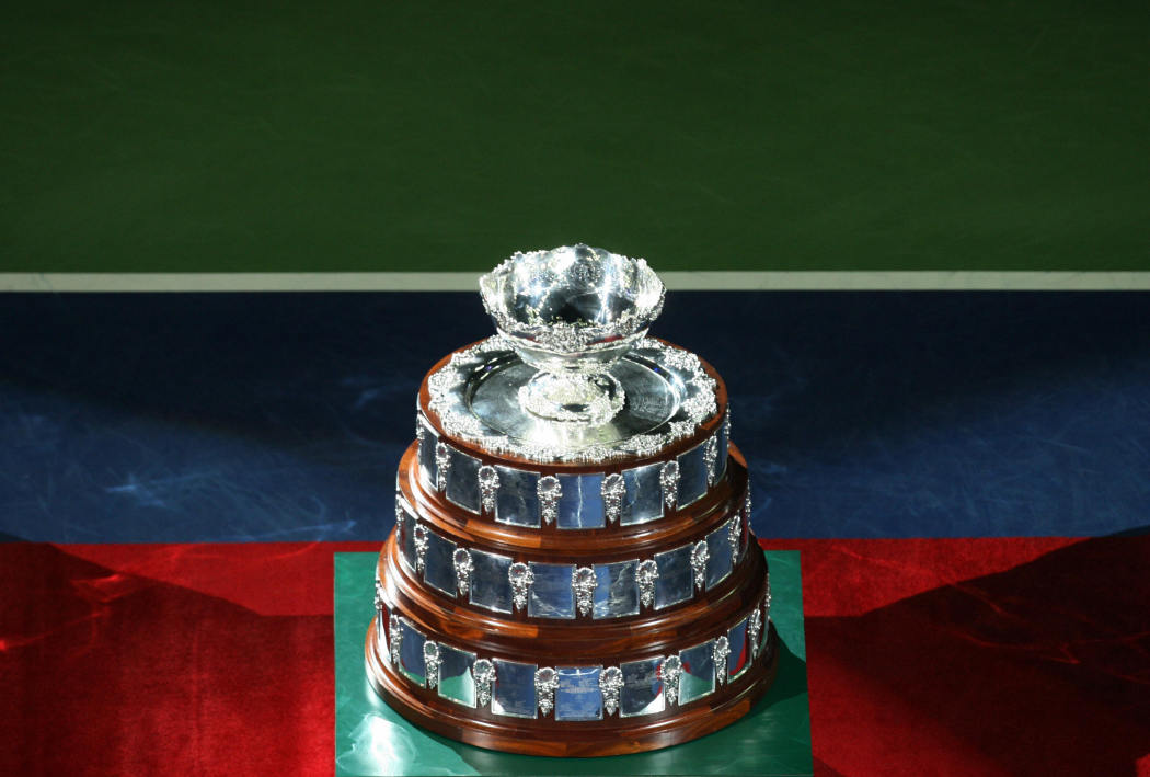 The Davis Cup trophy is displayed on Apr