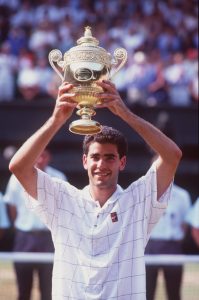 9 JUL 1995:  PETE SAMPRAS OF THE UNITED STATES HOLDS UP THE TROPHY AFTER DEFEATING BORIS BECKE ROF GERMANY IN THE MENS FINAL AT WIMBLEDON. SAMPRS WON THE MATCH 6-7 (2-7), 6-2, 6-4, 6-2. Mandatory Credit: Clive Brunskill/ALLSPORT