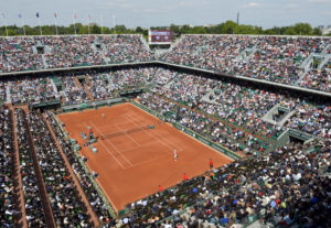 General view of the centre court taken during the French Tennis Open round of sixteen match between Spain's Rafael Nadal (up) and Japan's Nishikori Kei at the Roland Garros stadium in Paris, on June 3, 2013. AFP PHOTO / MIGUEL MEDINA (Photo credit should read MIGUEL MEDINA/AFP/Getty Images)