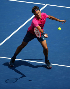 CINCINNATI, OH - AUGUST 23: Roger Federer of Switzerland returns a forehand to Novak Djokovic of Serbia during the final round on Day 9 of the Western & Southern Open at the Lindner Family Tennis Center on August 23, 2015 in Cincinnati, Ohio.  (Photo by Maddie Meyer/Getty Images)