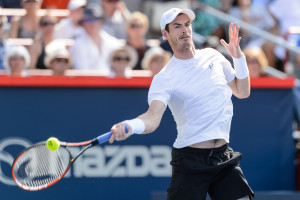 MONTREAL, ON - AUGUST 16:   Andy Murray of Great Britain hits a return against Novak Djokovic of Serbia during day seven of the Rogers Cup at Uniprix Stadium on August 16, 2015 in Montreal, Quebec, Canada.  (Photo by Minas Panagiotakis/Getty Images)