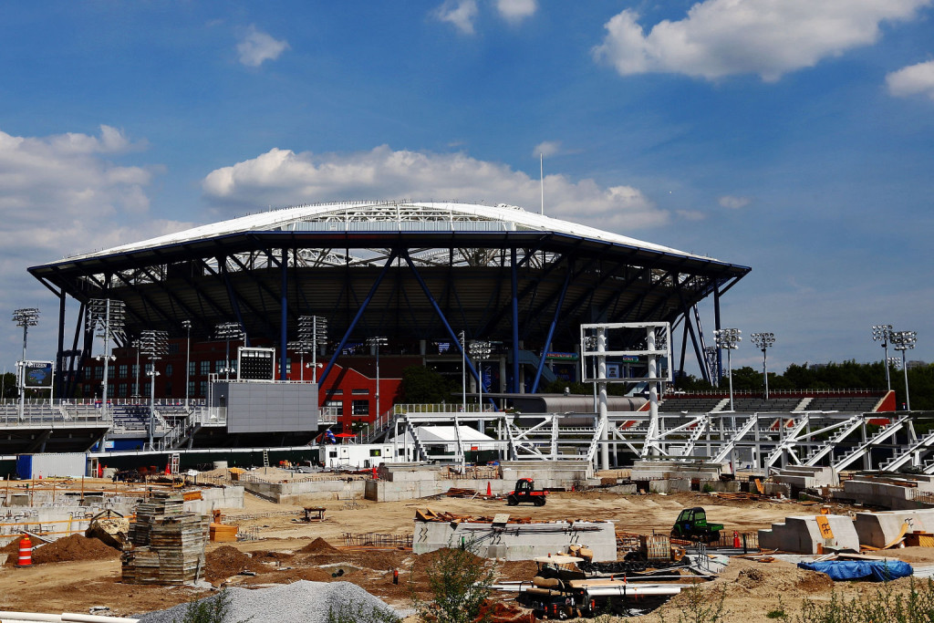 NEW YORK, NY - AUGUST 29:  Construction of the new Grandstand court is seen in front of the newly roofed Arthur Ashe Stadium at USTA Billie Jean King National Tennis Center on August 29, 2015 in the Flushing neighborhood of the Queens borough of New York City. The new 8,000-seat show court is expected to be completed for the 2016 U.S. Open.  (Photo by Michael Heiman/Getty Images)