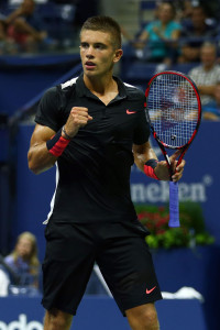 NEW YORK, NY - AUGUST 31:  Borna Coric of Croatia celebrates after a point against Rafael Nadal of Spain during their Men's Singles First Round match on Day One of the 2015 US Open at the USTA Billie Jean King National Tennis Center on August 31, 2015 in the Flushing neighborhood of the Queens borough of New York City.  (Photo by Clive Brunskill/Getty Images)