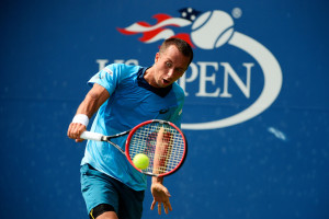 NEW YORK, NY - SEPTEMBER 01:  Philipp Kohlschreiber of Germany returns a shot against  Alexander Zverev of Germany during their Men's Singles First Round match on Day Two of the 2015 US Open at the USTA Billie Jean King National Tennis Center on September 1, 2015 in the Flushing neighborhood of the Queens borough of New York City.  (Photo by Alex Goodlett/Getty Images)