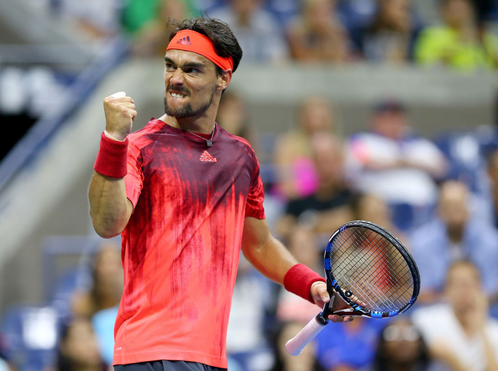 NEW YORK, NY - SEPTEMBER 04:  Fabio Fognini of Italy celebrates a point in the fifth set against Rafael Nadal of Spain on Day Five of the 2015 US Open at the USTA Billie Jean King National Tennis Center on September 4, 2015 in the Flushing neighborhood of the Queens borough of New York City.  (Photo by Elsa/Getty Images)