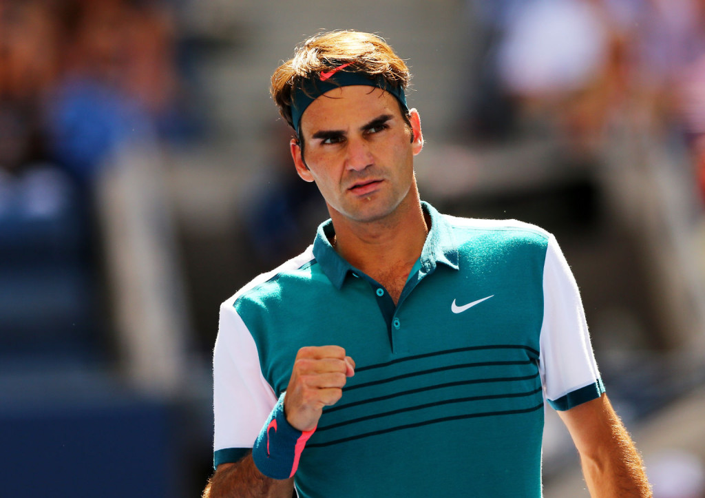 NEW YORK, NY - SEPTEMBER 05:  Roger Federer of Switzerland reacts against Philipp Kohlschreiber of Germany during their Men's Singles Third Round match on Day Six of the 2015 US Open at the USTA Billie Jean King National Tennis Center on September 5, 2015 in the Flushing neighborhood of the Queens borough of New York City.  (Photo by Elsa/Getty Images)