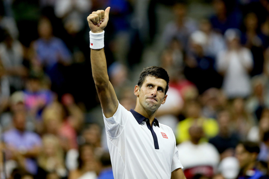 NEW YORK, NY - SEPTEMBER 06:  Novak Djokovic of Serbia celebrates his win over Roberto Bautista Agut of Spain during their Men's Singles Fourth Round match on Day Seven of the 2015 US Open at the USTA Billie Jean King National Tennis Center on September 6, 2015 in the Flushing neighborhood of the Queens borough of New York City.  (Photo by Matthew Stockman/Getty Images)