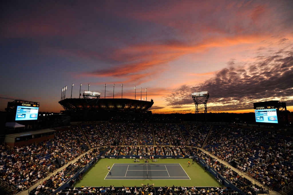 NEW YORK - SEPTEMBER 03:  A general view of the sunset over Arthur Ashe Stadium as Novak Djokovic of Serbia plays Carsten Ball of Australia in Louis Armstrong Stadium during day four of the 2009 U.S. Open at the USTA Billie Jean King National Tennis Center on September 3, 2009 in Flushing neighborhood of the Queens borough of New York City.  (Photo by Michael Heiman/Getty Images)