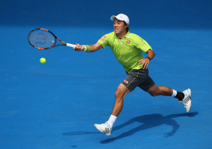 MELBOURNE, AUSTRALIA - JANUARY 20: Kei Nishikori of Japan plays a forehand in his first round match against Nicolas Almagro of Spain during day two of the 2015 Australian Open at Melbourne Park on January 20, 2015 in Melbourne, Australia. (Photo by Mark Kolbe/Getty Images)
