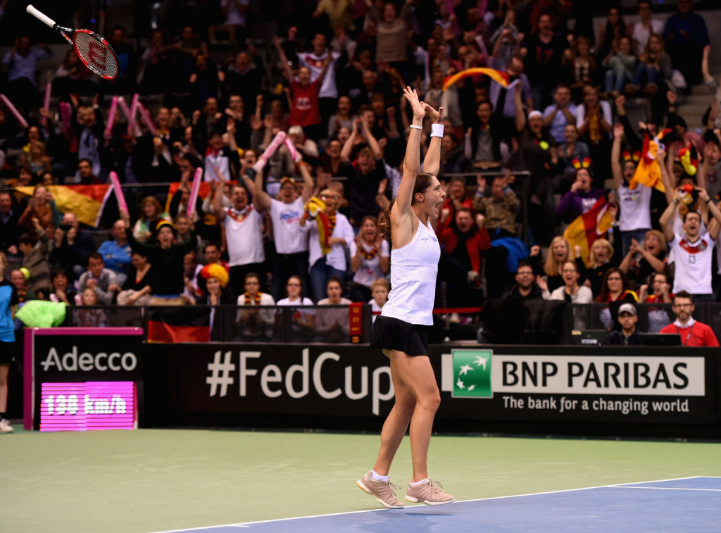 +++ plays a forehand in her single match against +++ during the Fed Cup 2015 World Group First Round tennis between Germany and Australia at Porsche-Arena on February 8, 2015 in Stuttgart, Germany.