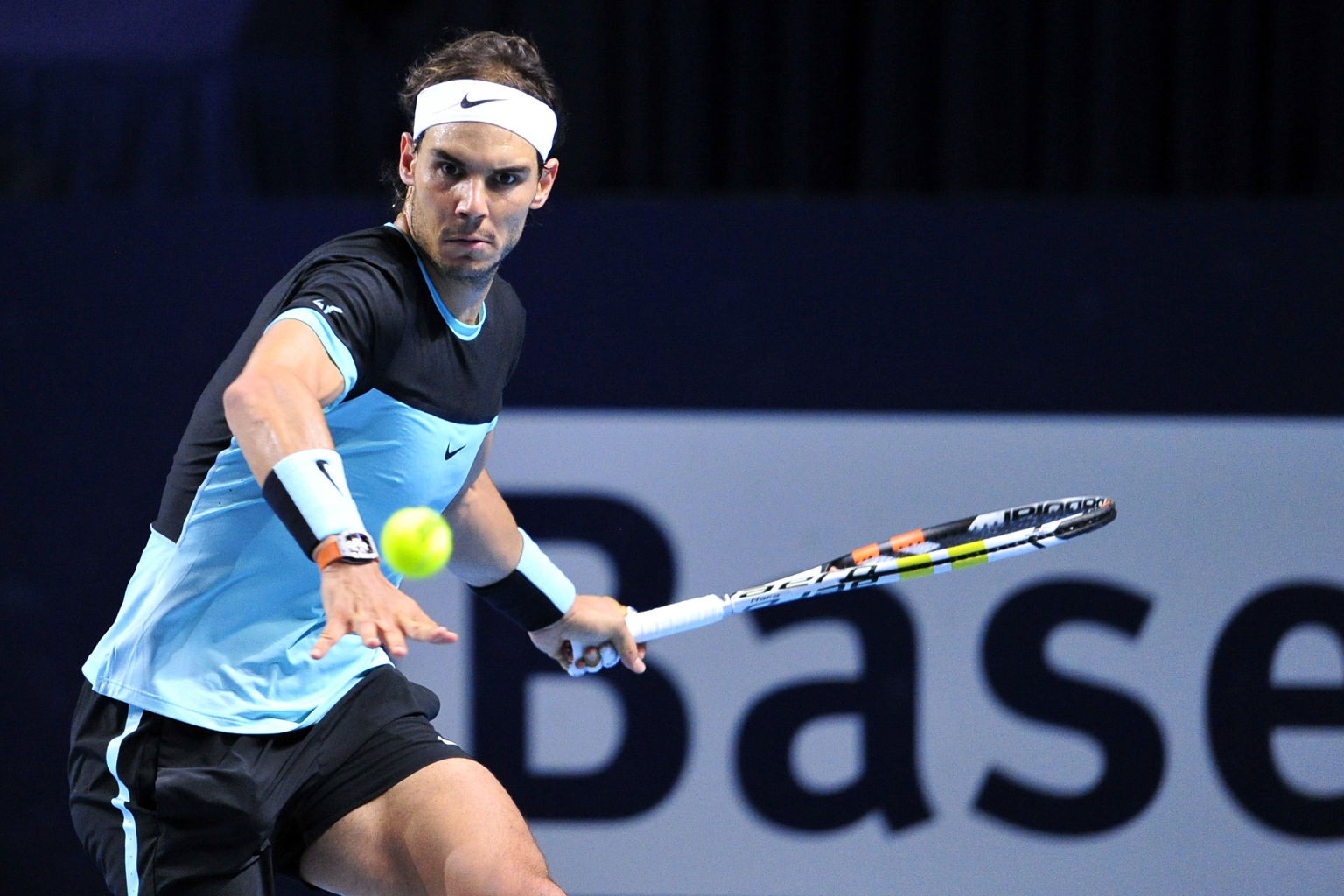 BASEL, SWITZERLAND - NOVEMBER 01:  Rafael Nadal  of Spain in action during the final match of the Swiss Indoors ATP 500 tennis tournament against Roger Federer of Switzerland at St Jakobshalle on November 1, 2015 in Basel, Switzerland  (Photo by Harold Cunningham/Getty Images)