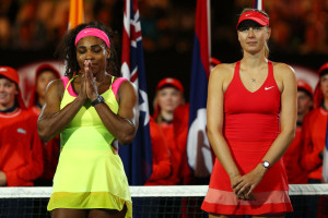 MELBOURNE, AUSTRALIA - JANUARY 31:  Serena Williams of the United States and Maria Sharapova of Russia stand at the presentation after Williams won their women's final match during day 13 of the 2015 Australian Open at Melbourne Park on January 31, 2015 in Melbourne, Australia.  (Photo by Cameron Spencer/Getty Images)