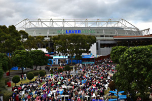 MELBOURNE, AUSTRALIA - FEBRUARY 01:  General view of crowds in Garden Square watching mens final between Novak Djokovic of Serbia and Andy Murray of Great Britain during the 2015 Australian Open at Melbourne Park on February 1, 2015 in Melbourne, Australia.  (Photo by Vince Caligiuri/Getty Images)