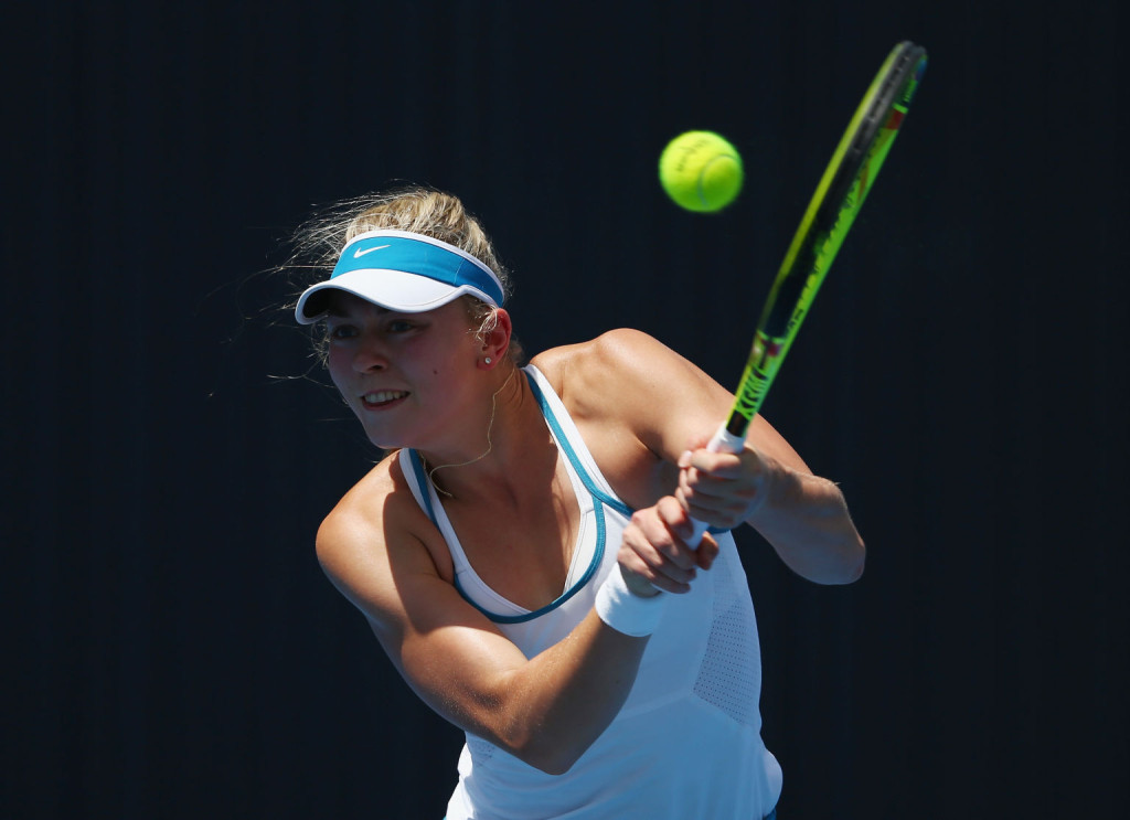 HOBART, AUSTRALIA - JANUARY 10:  Carina Witthoeft of Germany plays a backhand in the women's singles match against Alison Van Uytvanck of Belgium during day one of 2016 Hobart International at the Domain Tennis Centre on January 10, 2016 in Hobart, Australia.  (Photo by Robert Cianflone/Getty Images)