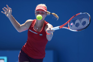 SYDNEY, AUSTRALIA - JANUARY 11:  Angelique Kerber of Germany plays a forehand shot in her semi final match against Elina Svitolina of Ukraine during day two of the 2016 Sydney International at Sydney Olympic Park Tennis Centre on January 11, 2016 in Sydney, Australia.  (Photo by Brett Hemmings/Getty Images)