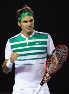 XXX of ZZZ plays a forehand in his/her fourth round match against XXXX of ZZZZ during day seven of the 2016 Australian Open at Melbourne Park on January 24, 2016 in Melbourne, Australia.