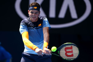 MELBOURNE, AUSTRALIA - JANUARY 25:  Milos Raonic of Canada plays a backhand in his fourth round match against Stan Wawrinka of Switzerland during day eight of the 2016 Australian Open at Melbourne Park on January 25, 2016 in Melbourne, Australia.  (Photo by Mark Kolbe/Getty Images)