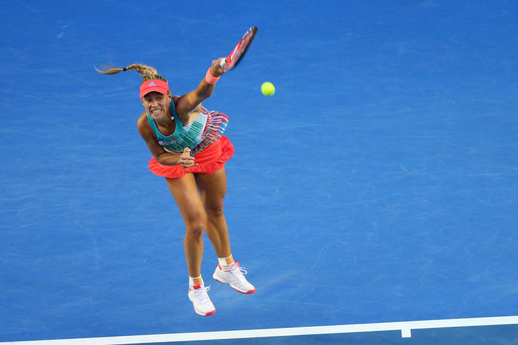 MELBOURNE, AUSTRALIA - JANUARY 30:  Angelique Kerber of Germany serves in her Women's Singles Final match against Serena Williams of the United States during day 13 of the 2016 Australian Open at Melbourne Park on January 30, 2016 in Melbourne, Australia.  (Photo by Cameron Spencer/Getty Images)