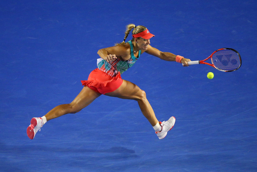 MELBOURNE, AUSTRALIA - JANUARY 30:  Angelique Kerber of Germany plays a forehand in her Women's Singles Final match against Serena Williams of the United States during day 13 of the 2016 Australian Open at Melbourne Park on January 30, 2016 in Melbourne, Australia.  (Photo by Cameron Spencer/Getty Images)