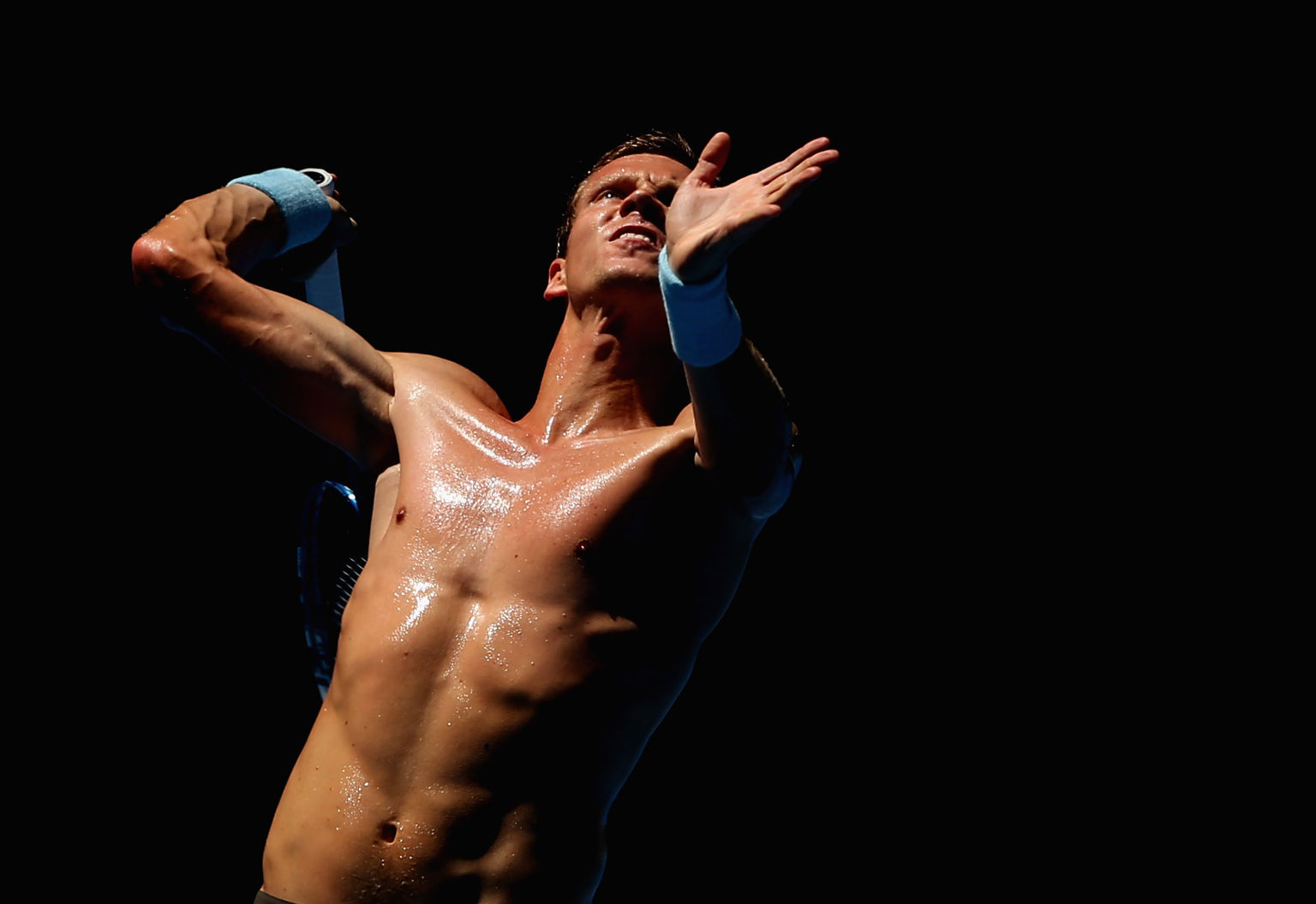 MELBOURNE, AUSTRALIA - JANUARY 12:  Tomas Berdych of the Czech Republic hits a smash during a practice session ahead of the 2015 Australian Open at Melbourne Park on January 12, 2015 in Melbourne, Australia.  (Photo by Quinn Rooney/Getty Images)