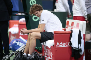 HANOVER, GERMANY - MARCH 04:  Alexander Zverev of Germany appears frustrated in his match against Tomas Berdych of Czech Republic during Day 1 of the Davis Cup World Group first round between Germany and Czech Republic at TUI Arena on March 4, 2016 in Hanover, Germany.  (Photo by Oliver Hardt/Bongarts/Getty Images)