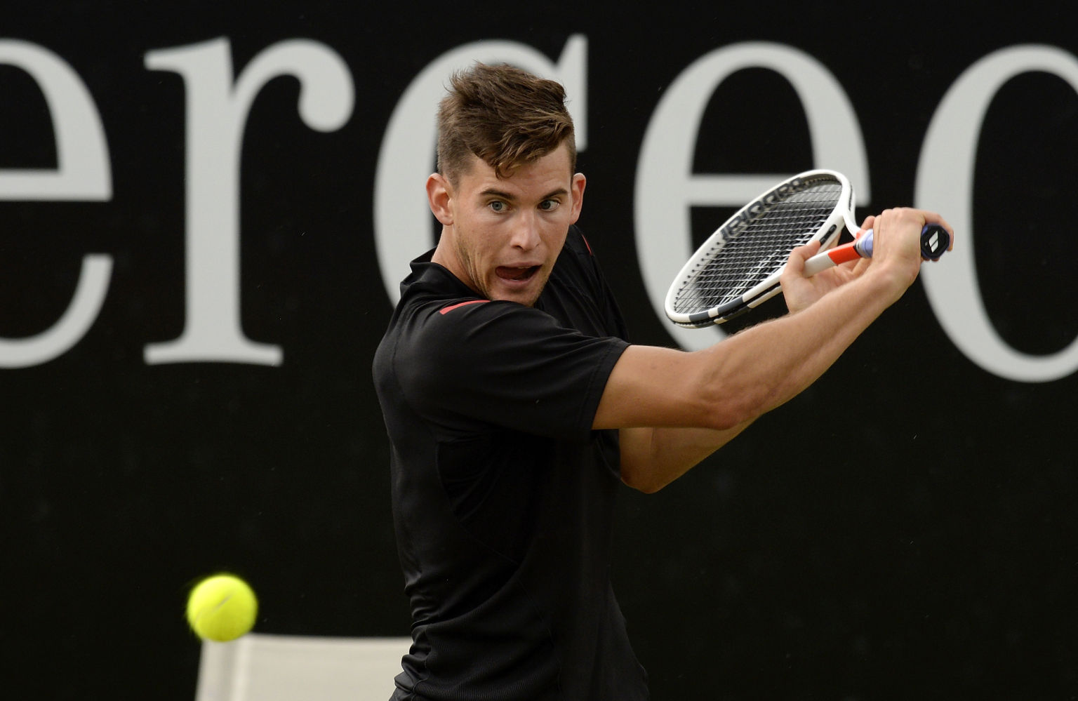 STUTTGART, GERMANY - JUNE 12: Dominic Thiem of Austria returns against Philipp Kohlschreiber of Germany during the final on day 9 of Mercedes Cup 2016 on June 12, 2016 in Stuttgart, Germany. (Photo by Daniel Kopatsch/Bongarts/Getty Images)