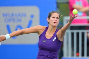 WUHAN, CHINA - SEPTEMBER 24: Julia Goerges of Germany returns a shot in the qualifying match against Wang Qiang of China during 2016 WTA Dongfeng Motor Wuhan Open at Optics Valley International Tennis Center on September 24, 2016 in Wuhan, China. (Photo by VCG/VCG via Getty Images)