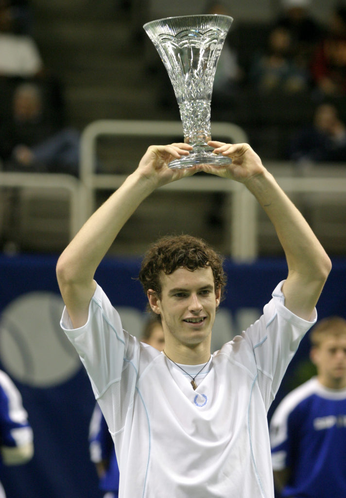 SAN JOSE, CA - FEBRUARY 19: Andy Murray of Great Britain celebrates after winning his match against Lleyton Hewitt of Australia in the SAP Open at the HP Pavilion on February 19, 2006 in San Jose, California. At 18 years old, Murray is the youngest person to win the SAP Open since Michael Tang, at 16 years, in 1988. (Photo by Sara Wolfram)