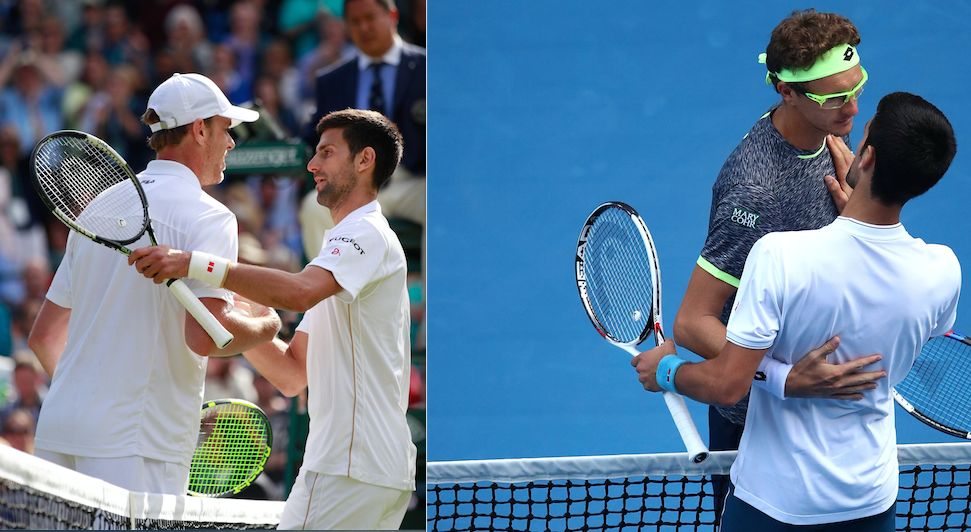 Die Bilder gleichen sich: Novak Djokovic nach seiner Pleite gegen Querrey in Wimbledon (li.) und jüngst gegen Istomin.