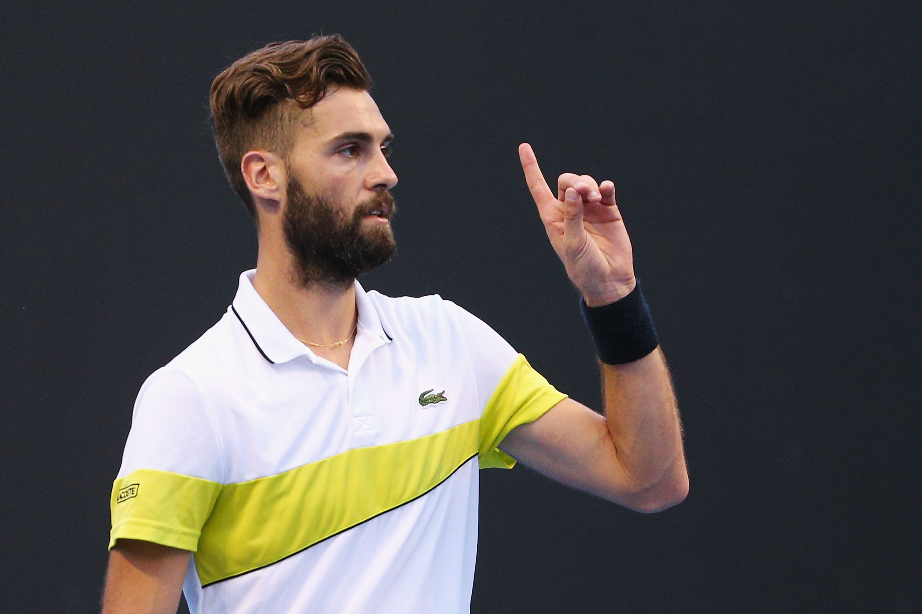 MELBOURNE, AUSTRALIA - JANUARY 17: Benoit Paire of France challaenges a line call in his first round match against Tommy Haas of Germany on day two of the 2017 Australian Open at Melbourne Park on January 17, 2017 in Melbourne, Australia. (Photo by Michael Dodge/Getty Images)