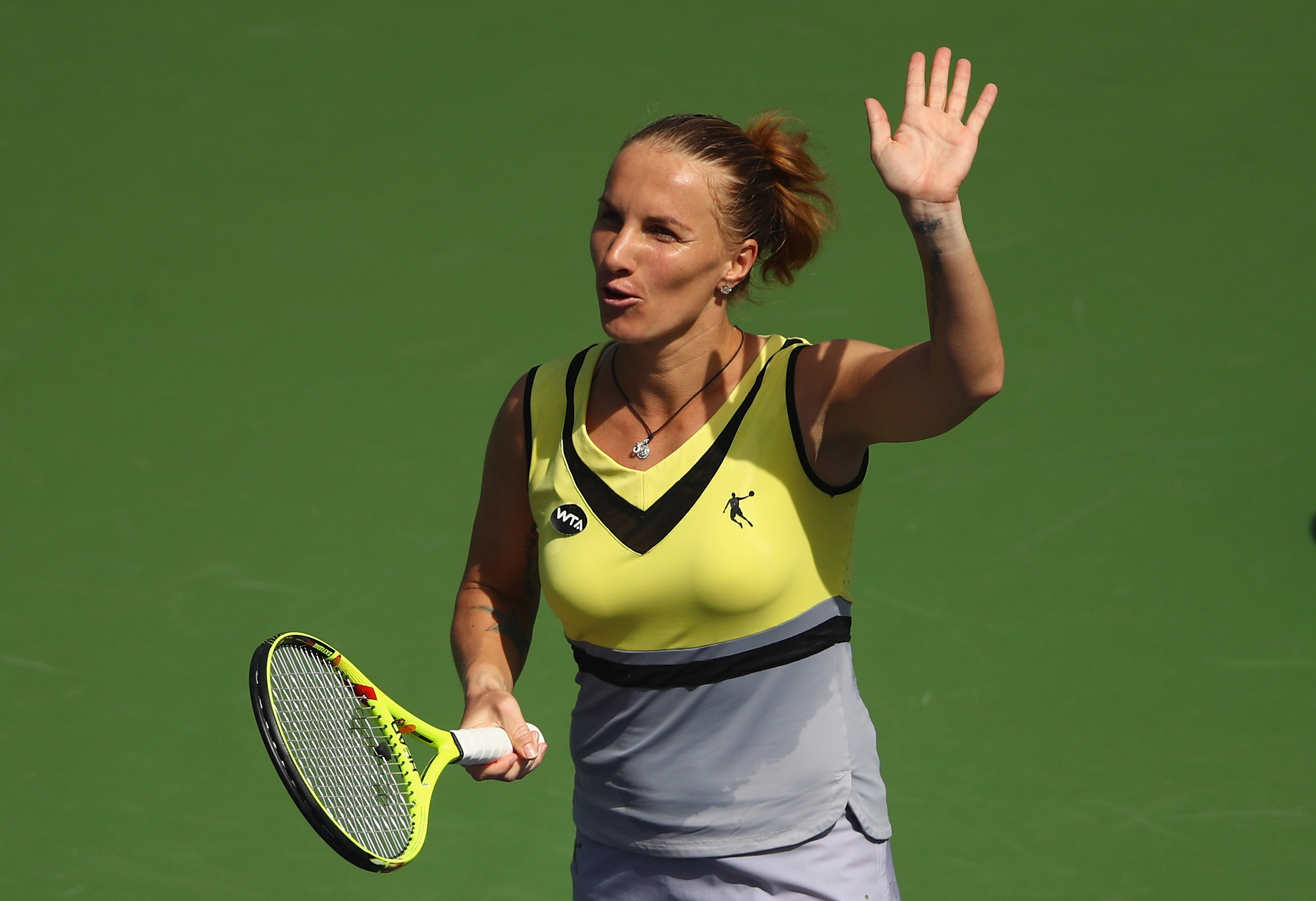 INDIAN WELLS, CA - MARCH 15: Svetlana Kuznetsova of Russia waves to the crowd after her straight set victory against Anastasia Pavlyuchenkova of Russia in the quarter final match during day ten of the BNP Paribas Open at Indian Wells Tennis Garden on March 15, 2017 in Indian Wells, California. (Photo by Clive Brunskill/Getty Images)