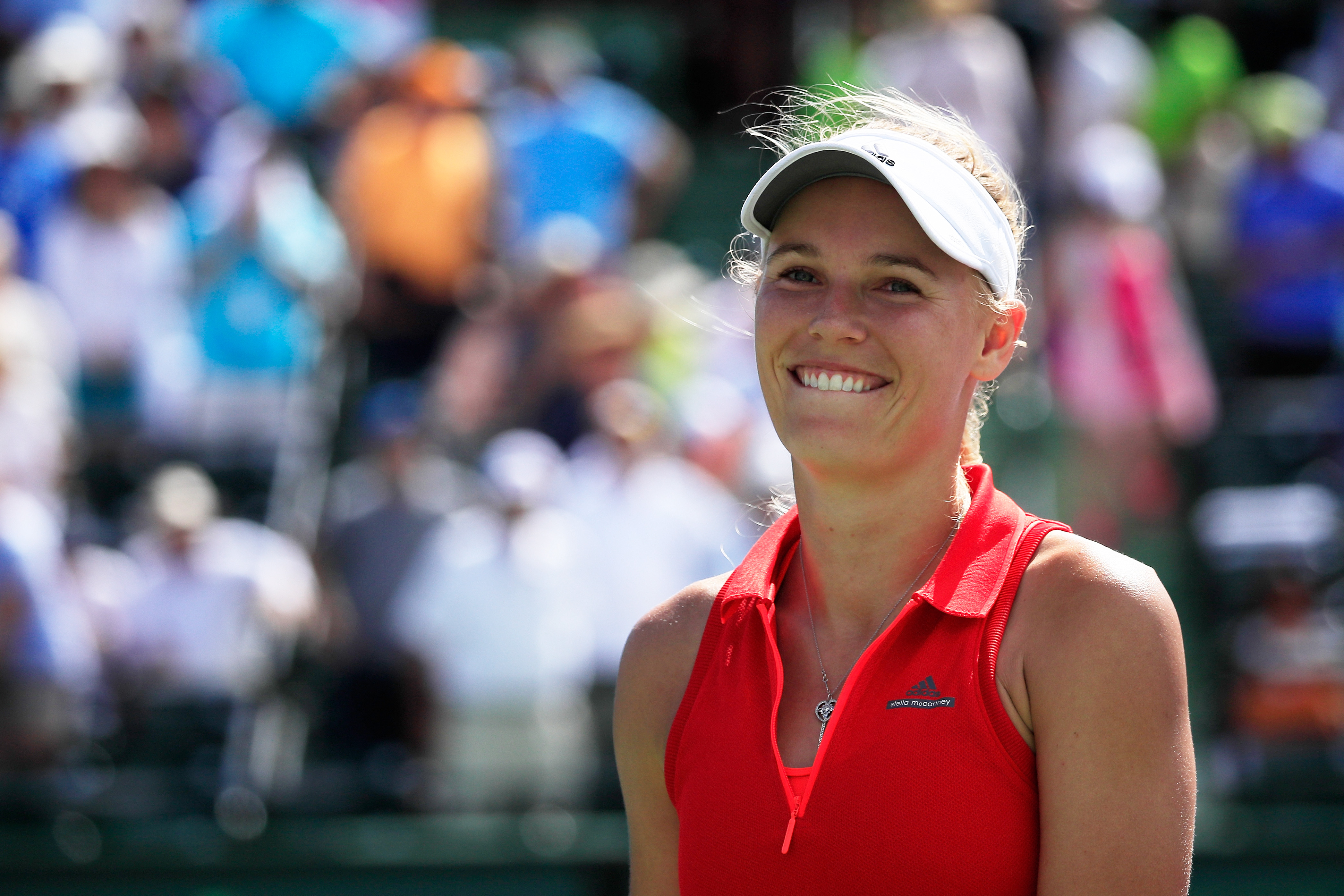 KEY BISCAYNE, FL - MARCH 30: Caroline Wozniacki of Denmark celebrates defeating Karolina Pliskova of Czech Republic in the semi finals during Day 11 of the Miami Open at Crandon Park Tennis Center on March 30, 2017 in Key Biscayne, Florida. (Photo by Cliff Hawkins/Getty Images)