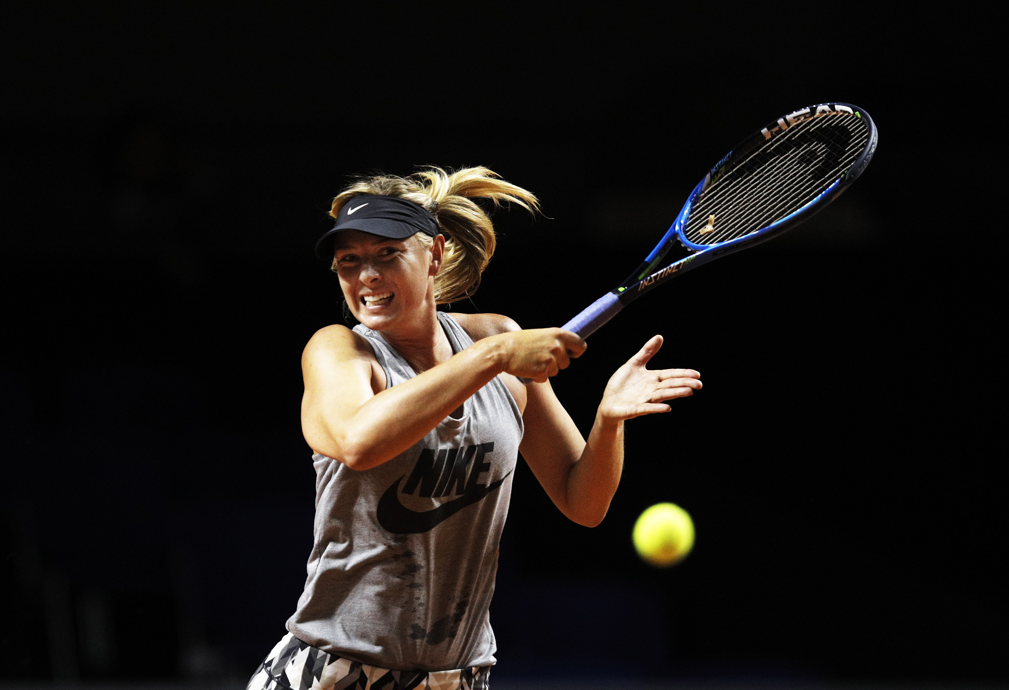 STUTTGART, GERMANY - APRIL 26: Maria Sharapova of Russia in action during training before her match against Roberta Vinci of Italy during the Porsche Tennis Grand Prix at Porsche Arena on April 26, 2017 in Stuttgart, Germany. (Photo by Adam Pretty/Bongarts/Getty Images)