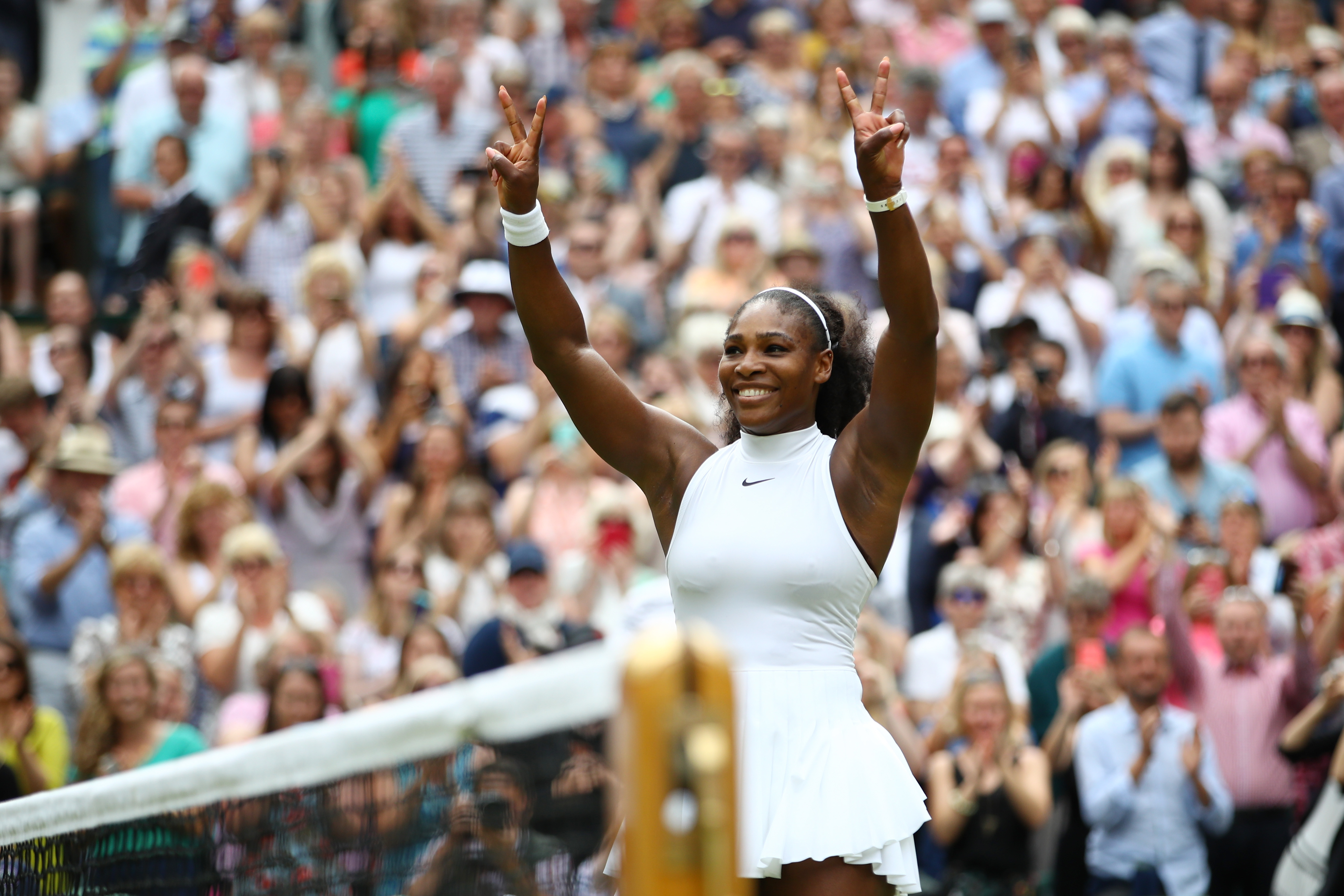 LONDON, ENGLAND - JULY 09: Serena Williams of The United States celebrates victory following The Ladies Singles Final against Angelique Kerber of Germany on day twelve of the Wimbledon Lawn Tennis Championships at the All England Lawn Tennis and Croquet Club on July 9, 2016 in London, England. (Photo by Clive Brunskill/Getty Images)