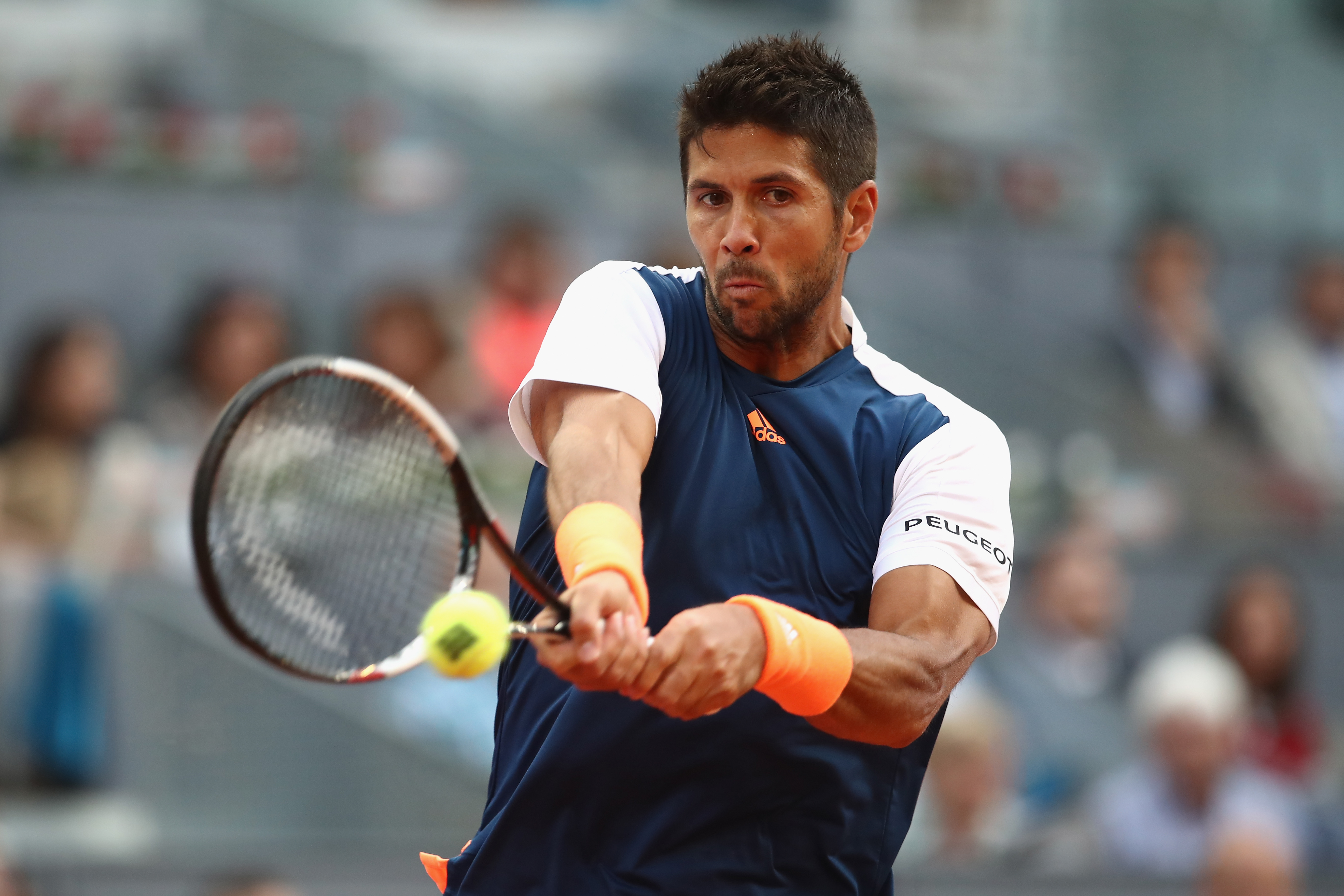 MADRID, SPAIN - MAY 09: Fernando Verdasco of Spain in action against Alexander Zverev of Germany during day four of the Mutua Madrid Open tennis at La Caja Magica on May 9, 2017 in Madrid, Spain. (Photo by Julian Finney/Getty Images)