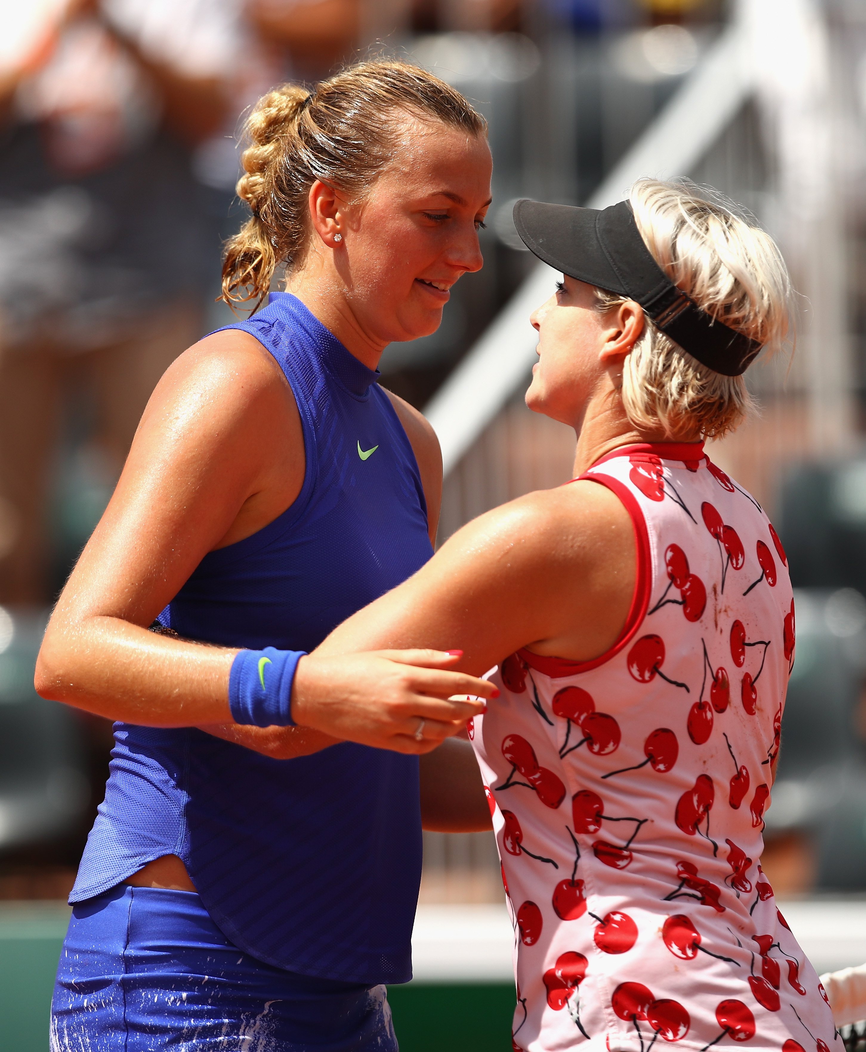 PARIS, FRANCE - MAY 31: Petra Kvitova of The Czech Republic congratulates Bethanie Mattek-Sands of The United States on victory following the ladies singles second round match on day four of the 2017 French Open at Roland Garros on May 31, 2017 in Paris, France. (Photo by Clive Brunskill/Getty Images)