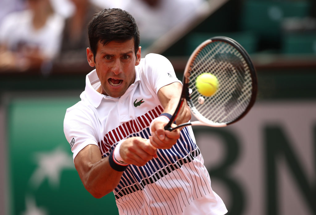 PARIS, FRANCE - MAY 29: Novak Djokovic of Serbia hits a backhand during the first round match against Marcel Granollers of Spain on day two of the 2017 French Open at Roland Garros on May 29, 2017 in Paris, France. (Photo by Julian Finney/Getty Images)