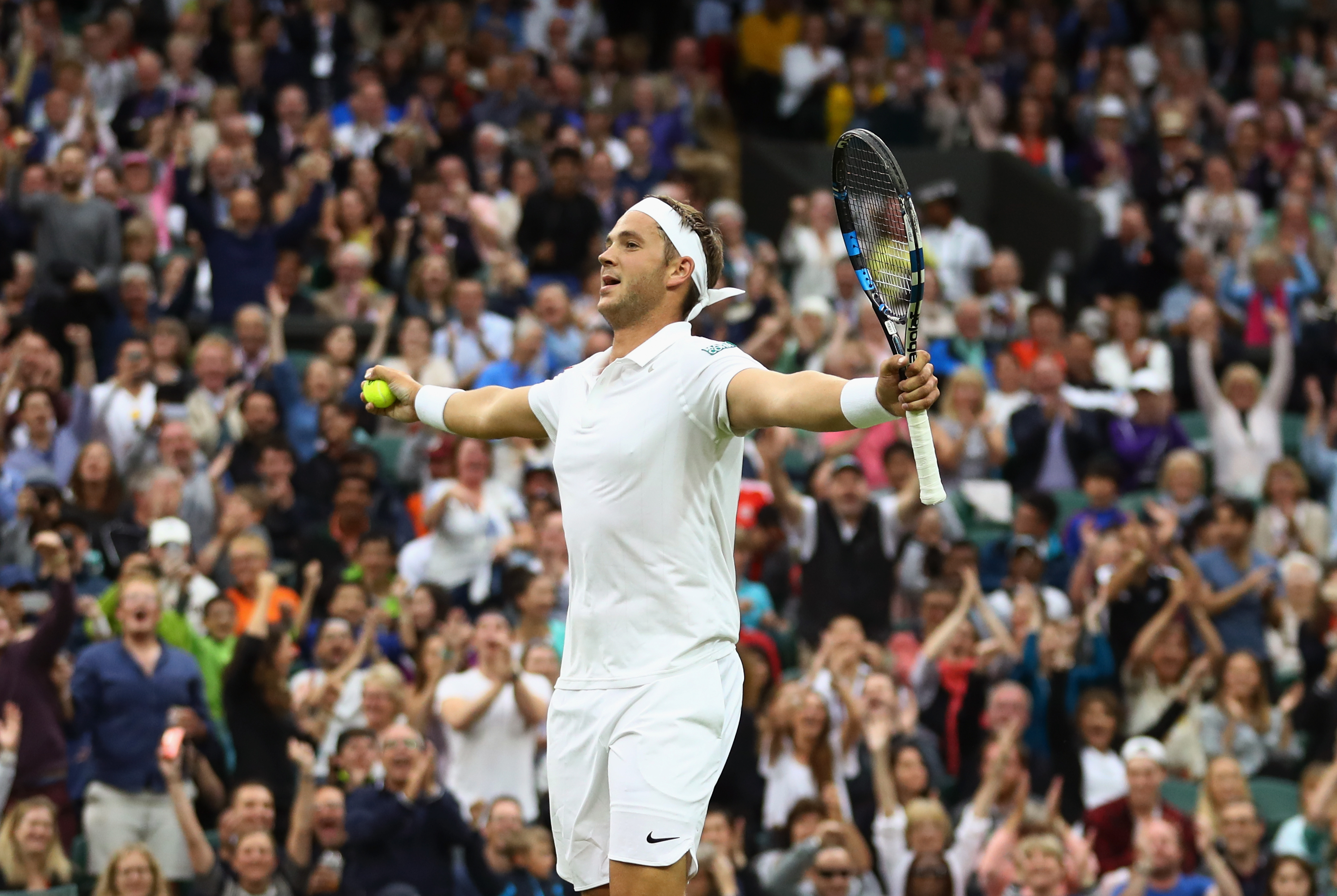 LONDON, ENGLAND - JUNE 29: Marcus Willis of Great Britain celebrates winnig a point during the Men's Singles second round match against Roger Federer of Switzerland on day three of the Wimbledon Lawn Tennis Championships at the All England Lawn Tennis and Croquet Club on June 29, 2016 in London, England. (Photo by Julian Finney/Getty Images)