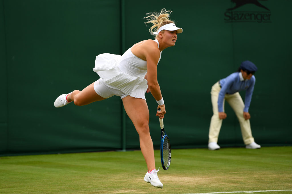 LONDON, ENGLAND - JULY 03: Carina Witthoeft of Germany serves during the Ladies Singles first round match against Mirjana Lucic-Baroni of Croatia on day one of the Wimbledon Lawn Tennis Championships at the All England Lawn Tennis and Croquet Club on July 3, 2017 in London, England. (Photo by Shaun Botterill/Getty Images)