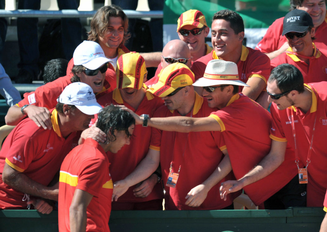 Rafael Nadal (L/foreground) is congratul