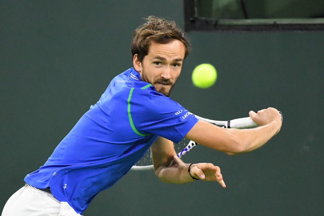 Tennis: BNP Paribas Open-Day5 Mar 10, 2023; Indian Wells, CA, USA; Daniil Medvedev (RUS) hits a backhand during his 2nd