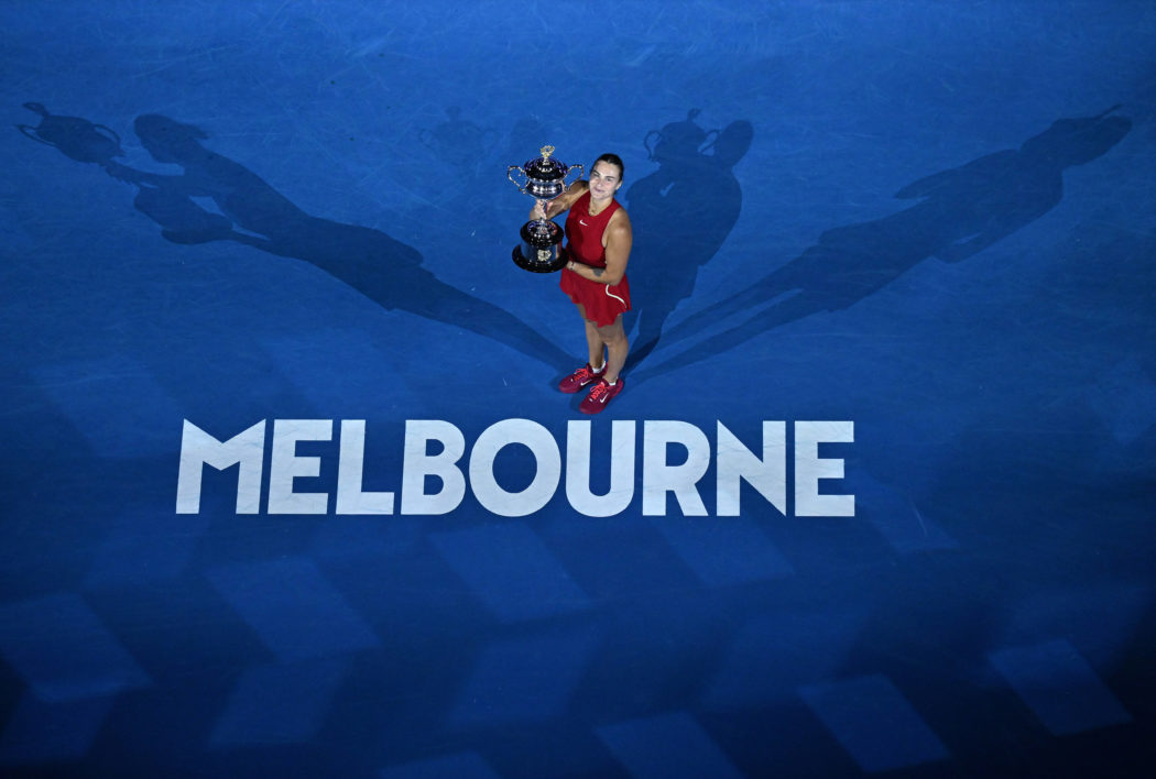 TENNIS AUSTRALIAN OPEN, Aryna Sabalenka of Belarus poses with the Daphne Akhurst Memorial Trophy after winning the Women