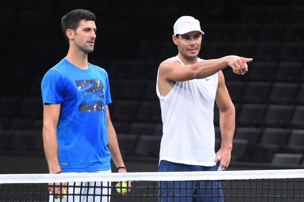 2019 Rolex Paris Masters – Pratice Session Rafael Nadal (ESP) and Novak Djokovic (SRB) were practicing together on cente