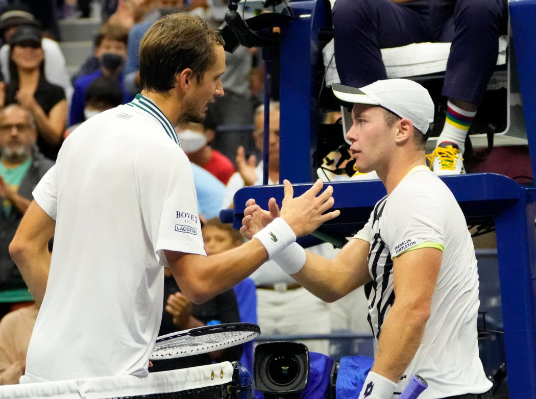Tennis: US Open, Sep 1, 2021; Flushing, NY, USA; Daniil Medvedev of Russia (left) shakes hands with Dominik Koepfer of G