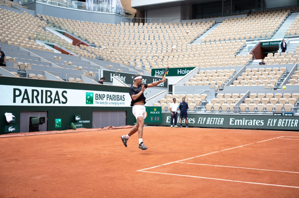 (240524) — PARIS, May 24, 2024 — Rafael Nadal of Spain returns the ball during a training session at Roland Garros, Pa