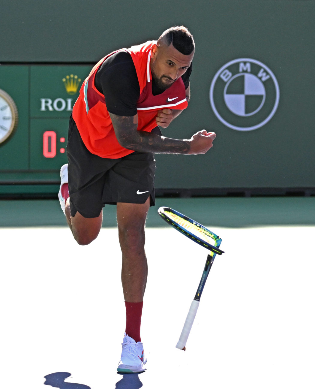 Tennis: BNP Paribas Open-Day 11, Mar 17, 2022; Indian Wells, CA, USA; Nick Kyrgios (AUS) smashes his racket on the court
