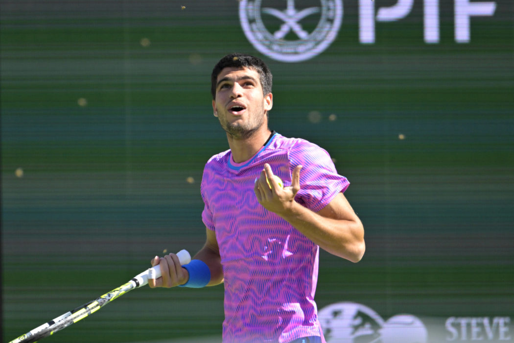Tennis: BNP Paribas Open-Day 11 Mar 14, 2024; Indian Wells, CA, USA; Carlos Alcaraz (ESP) reacts to swarm of bees flying