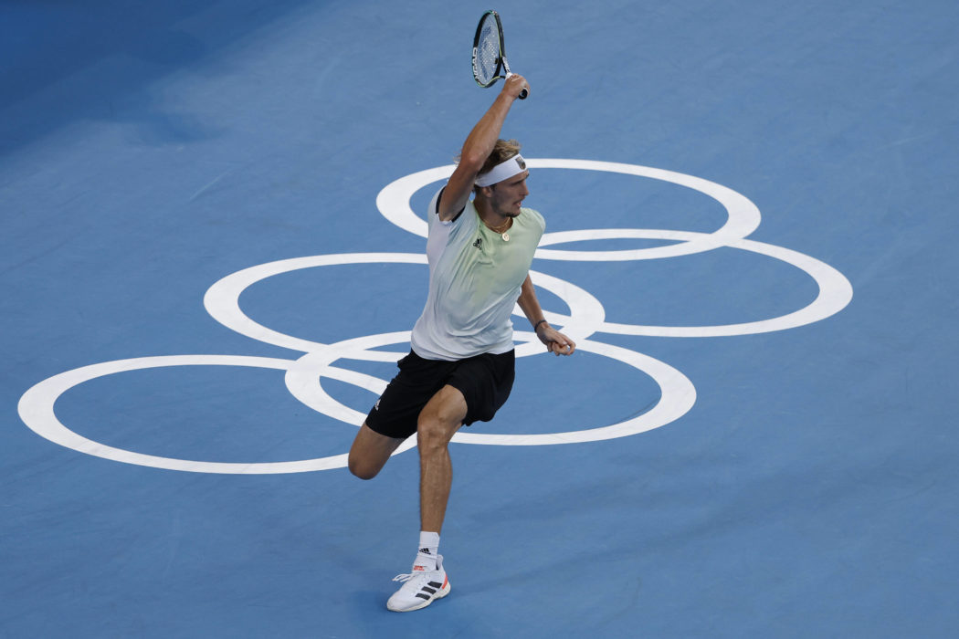 Olympics: Tennis-August 1, Aug 1, 2021; Tokyo, Japan; Alexander Zverev (GER) hits a forehand against Karen Khachanov (RO