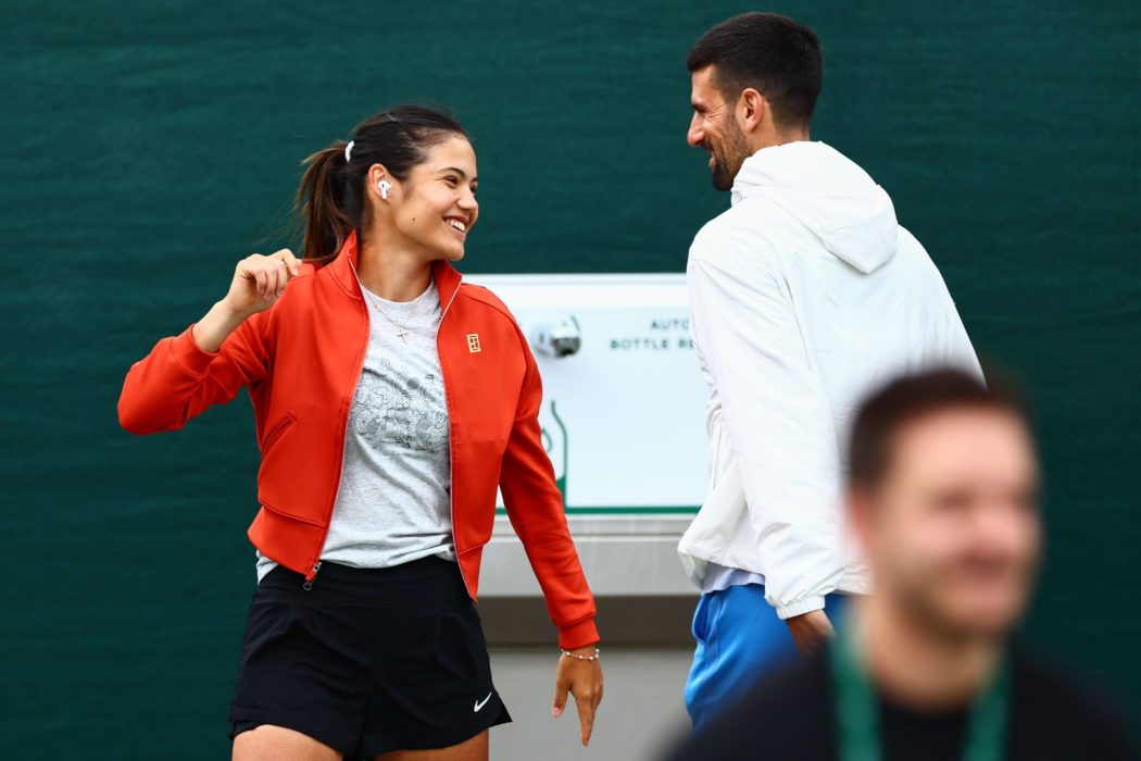 Emma Raducanu and Novak Djokovic speaking together Wimbledon Tennis Championships, Day 2, The All England Lawn Tennis an