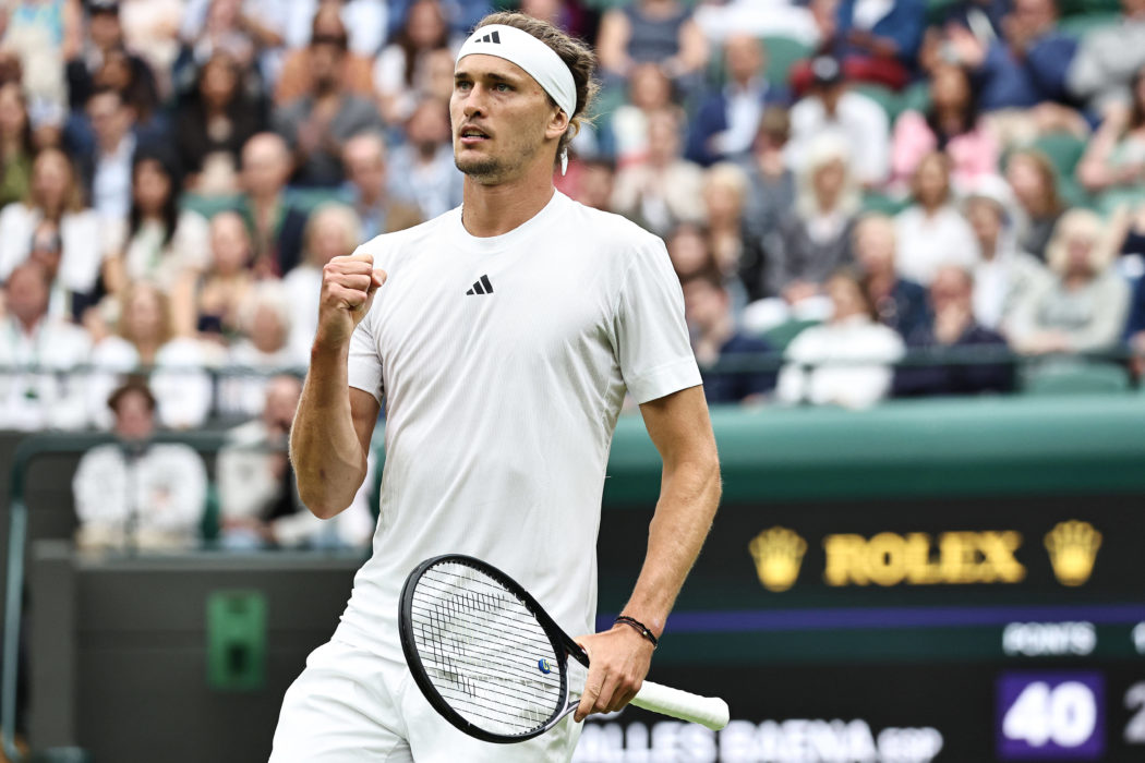 Alexander Zverev, GER, during first round of 2024 All England Lawn Tennis Championships at Wimbledon, gentlemens singles